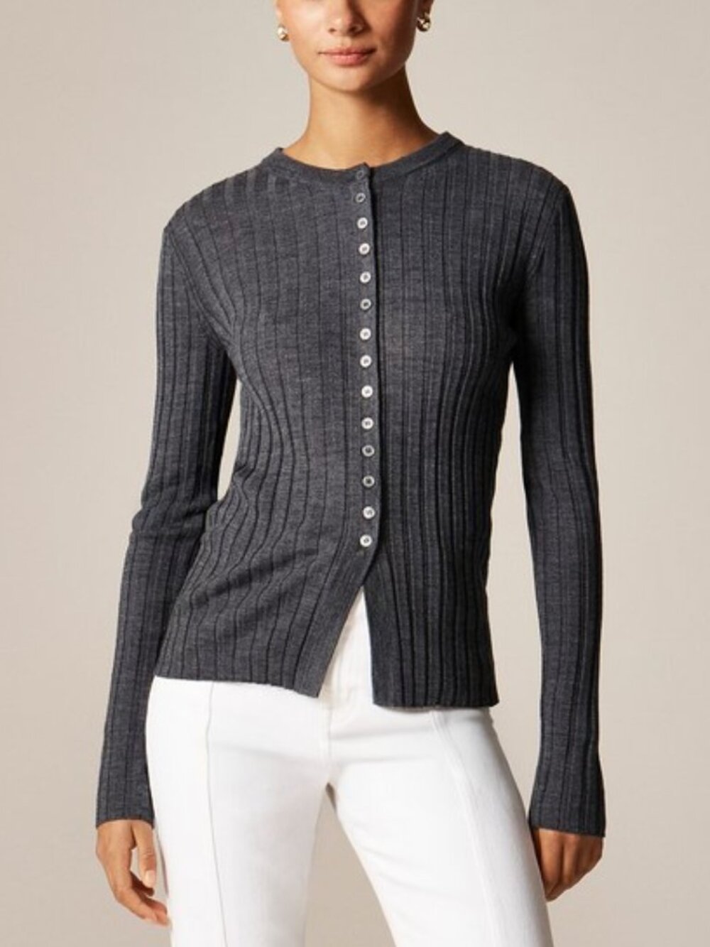 J. Crew Wide-rib fitted cardigan top in merino wool M